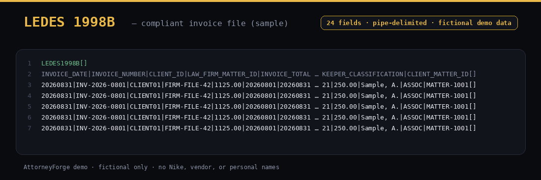 Fictional LEDES 1998B invoice file with 24 pipe-delimited fields. Not a real client invoice.